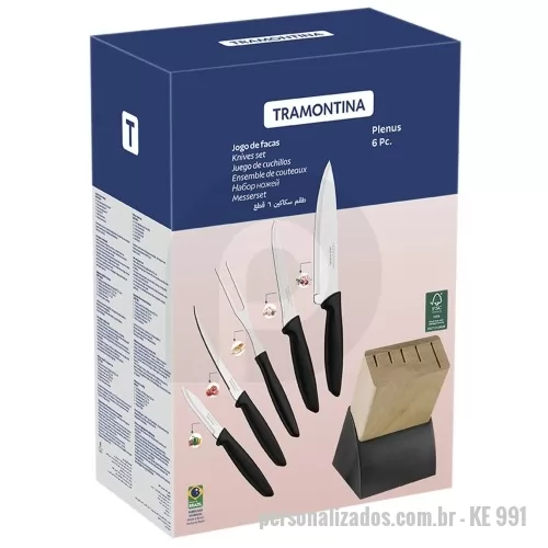 Kit churrasco personalizado - Cepo para facas Tramontina contendo 04 facas cabo de polipropileno e um garfo trinchante. Gravação indelével da logo a laser no cepo e na faca de 7”. Um presente útil e durável, garantindo a visibilidade da sua marca por muitos anos. Despachamos com frete pago para regiões Sul, Sudeste e Centro Oeste