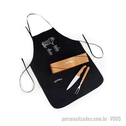 Kit churrasco personalizado - Kit churrasco Personalizado contendo: 01 faca para churrasco 01 Garfo para churrasco 01avental personalizado 01 caixa para acomodação dos itens Personalização nas peças e na tampa da caixa