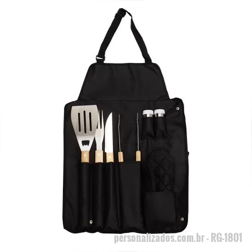 Kit churrasco personalizado - Kit churrasco 8 peças em estojo de nylon. Contém espátula, garfo, faca, pegador, saleiro, paliteiro, luva e avental (também utilizado como estojo). Talheres de inox com acabamento de madeira e avental de nylon com alça ajustável ? possui botão e alça