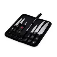 O churrasco vai ficar ainda melhor com o nosso kit de 7 peças em inox, incluso: uma faca de chef de 7 polegadas uma faca de desossa de 7 polegadas uma faca para fatiar de 4,5 polegadas, uma faca de descascar de 4,5 polegadas, uma faca de legumes de 3