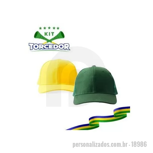 Kit copa do mundo personalizado - Boné de aba curva confeccionado em poliéster e tela respirável em nylon. Possui fecho plástico de fácil ajuste na parte posterior. Altura : 14 cm Largura : 18 aba cm Profundidade : 7,3 aba cm Circunferência : 55,5 cm Peso aproximado g : 70