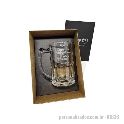 Kit copo personalizado - Kit Caneca personalizado em caixa de papel, 1 Caneca de Vidro Bistrol 340ml para Cerveja. Gravação nas canecas e tampa da caixa.