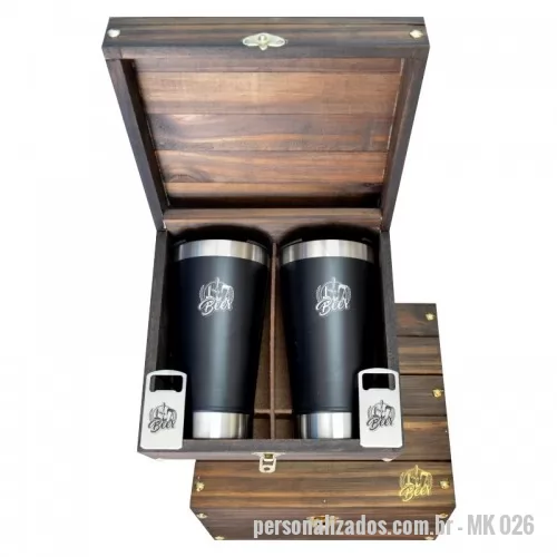 Kit copo personalizado - Conjunto de copos térmicos em estojo de madeira envelhecida. Disponível em diversas cores.. Um presente inovador, útil e durável, garantindo a visibilidade da sua marca por muitos anos. Gravação da logo a laser no estojo, copos e abridores. Despachamos com frete pago para todo o Brasil.