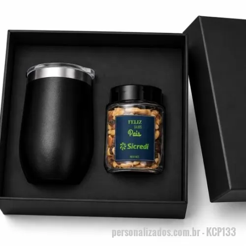 Kit copo personalizado - Kit copo em caixa de papel com 1 copo termico e 1 pote de petisco