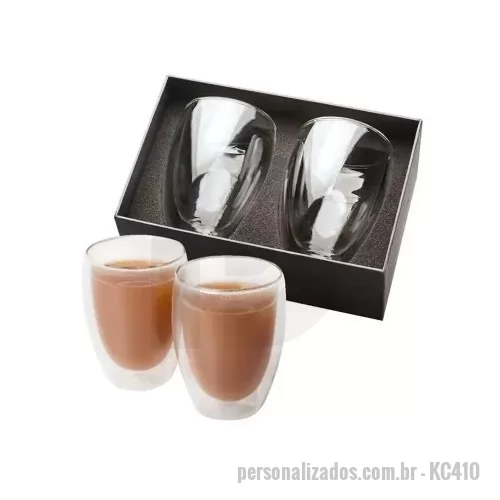 Kit copo personalizado - Kit copo Personalizado - KC410 - Kit em caixa de papel, 2 copos de vidro de parede dupla de 150ml. - 182342 - Kit copo