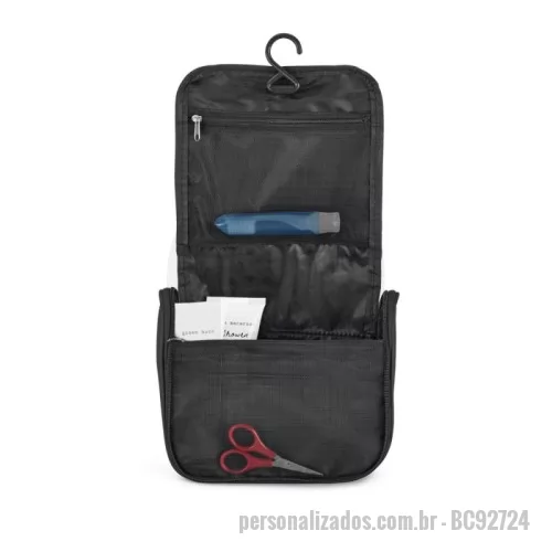 Kit cosmético personalizado - Bolsa de cosméticos em microfibra com vários bolsos interiores e gancho de pendurar. 200 x 160 x 85 mm