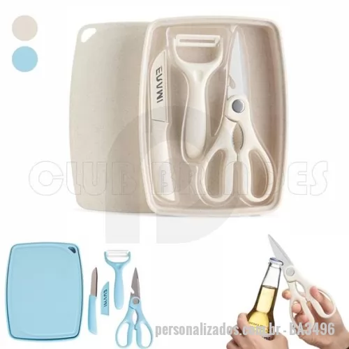 Kit cozinha personalizado - Kit Cozinha 3 Peças em plástico de palha de trigo e inox. Contém tesoura culinária, faca com protetor e descascador de legumes. Acompanha bandeja e tampa, podendo ser utilizada como recipiente e tábua para corte. Gravação da logomarca em 1 cor já inclusa.
