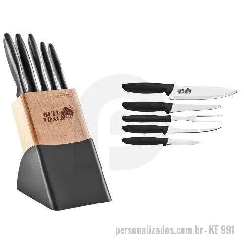 Kit cozinha personalizado - Cepo para facas Tramontina contendo 04 facas cabo de polipropileno e um garfo trinchante. Gravação indelével da logo a laser no cepo e na faca de 7”. Despachamos com frete pago para regiões Sul, Sudeste e Centro Oeste