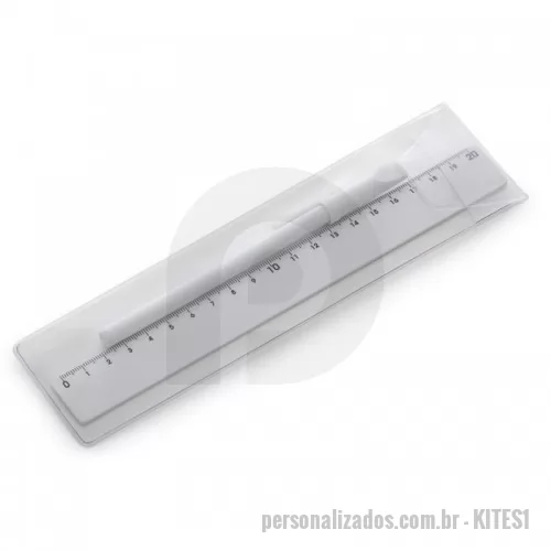 Kit escolar personalizado - Kit régua e caneta plástica em estojo plástico transparente. Caneta simples com tampa e régua de 20cm.