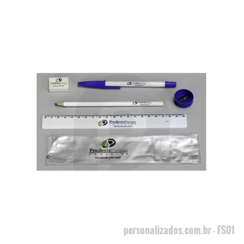 Kit escolar personalizado - contendo 1 caneta, 1 lapis, 1 regua, 1 borracha, 1 apontador em cores sortida embalados em 1 envelope de pvc-  gravação a 1 cor.