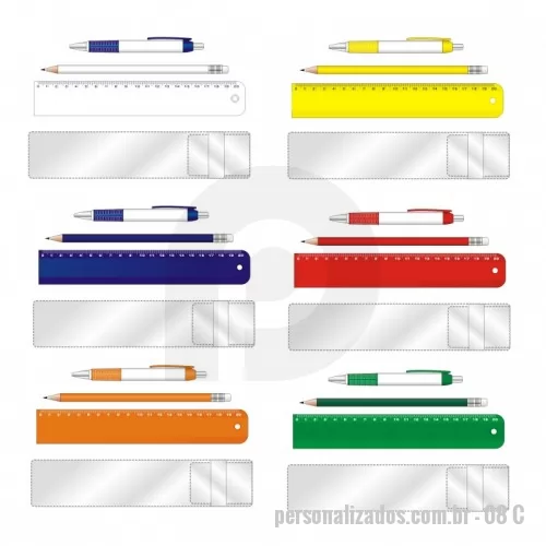 Kit escolar personalizado - Kit Escolar - Régua de 20cm com furo / Caneta / Lápis com borracha / Envelope PVC Cristal transpatente
