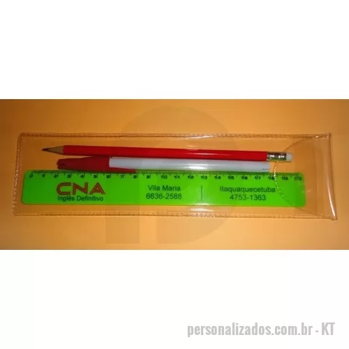 Kit escolar personalizado - KIT ESCOLAR EM PVC CRISTAL, LÁPIS, CANETA E RÉGUA DE 20 CM