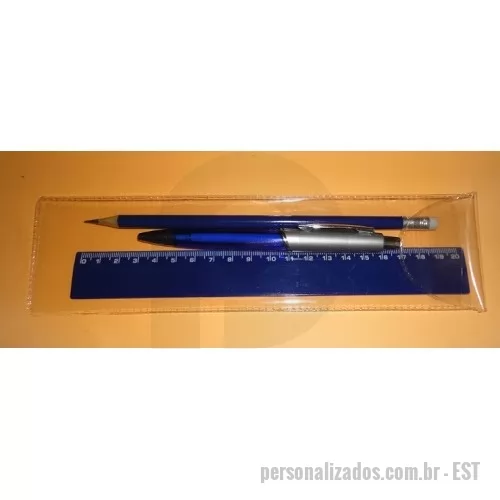 Kit escolar personalizado - Estojo em pvc cristal com aba, caneta, régua e lápis 