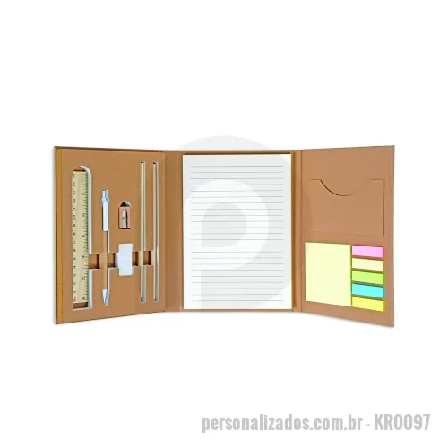 Kit escritório personalizado - Kit escritório ecológico, contém: Bloco de anotações com aproximadamente 40 folhas pautadas, conjunto de cinco bloquinhos autoadesivos coloridos, bloco autoadesivo para anotações, 2 lápis de bambu, caneta ecológica de papelão, régua de madeira, borracha, apontador para lápis em madeira, e porta cartões.  Altura :  21,1 cm  Largura :  15 cm
