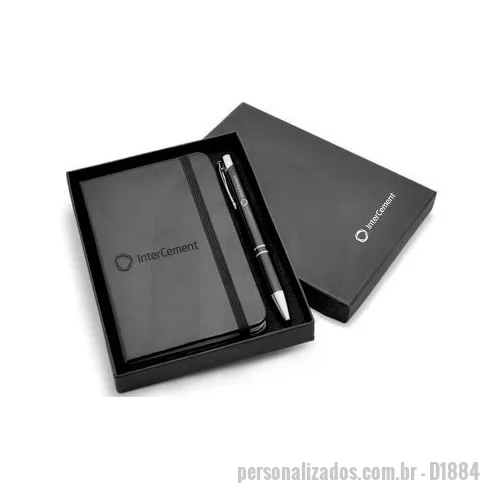 Kit escritório personalizado - Kit Escritório personalizado em caixa de papel, Caneta e Moleskine 9x14cm