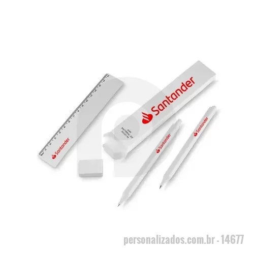 Kit escritório personalizado - Kit escritório antibacteriano, contém: Caneta plástica, lapiseira plástica, régua plástica de 15cm, e borracha. Personalização em Silkscreen na régua, caneta, lapiseira e embalagem.