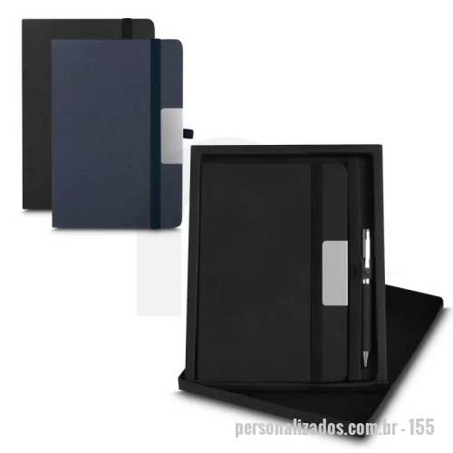 Kit escritório personalizado - Kit caderno de anotações e caneta composto de caneta metálica com detalhe em RPET reciclável o caderno de anotações é feito de PET Reciclado, acompanha placa em metal, em capa dura com miolo 80 folhas pautadas acondicionado em embalagem com berço presenteável.