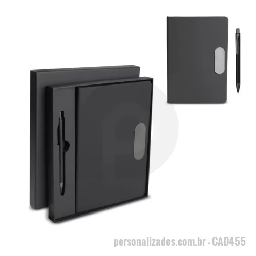 Kit escritório personalizado - Kit escritório contendo caderno de anotações tamanho A5 com capa em PU e plaquinha metálica em aço inox, caneta em alumínio e marcador de texto. Acompanha estojo presenteável. Dimensão do produto (Estojo e Caderno): 22x19,5x3cm