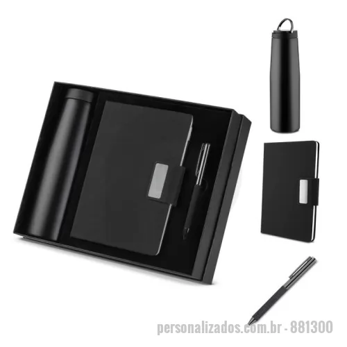 Kit escritório personalizado - Conjunto composto por caderno em material RPET com fechamento magnético,com 100 páginas, caneta modelo twist com detalhe em tecido RPET preto e garrafa de parede dupla em inox (304 interno e 201 externo), com capacidade de 550ml. Acompanha caixa presenteável.