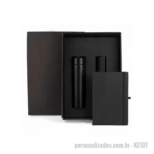 Kit escritório personalizado - Kit escritório personalizado em caixa de papel, acompanha garrafa térmica de 450ml com LED na tampa e caderneta de 80 folhas. Personalização nos produtos e na tampa da caixa