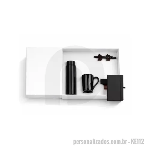Kit escritório personalizado - Kit escritório Personalizado - KE112 - Kit em caixa de papel, caneca de porcelana 200ml, garrafa de alumínio de 500ml, caderneta de 80fls e caneta de metal. - 182343 - Kit escritório