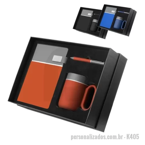 Kit escritório personalizado - Kit escritório contendo caderno tamanho A5 com capa dura em PU cinza, detalhes em PU colorido e impressão de linhas prateadas, 80 folhas internas pautadas em papel 70g/m², com fechamento magnético em PU e placa metálica, além de caneta esferográfica metálica e caneca de cerâmica. Gravação da logomarca em 1 cor já incluso..