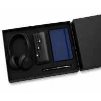Kit escritório em caixa de papel com 1 fone de ouvido bluetooth, POWERBANK, moleskine e caneta