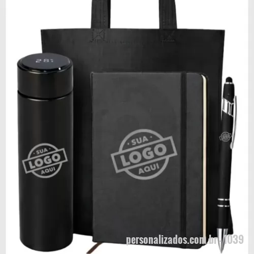 Kit executivo personalizado - Kit Executivo - Caderneta Tipo  Moleskine - Caneta Metalica - Garrafa Termica com sensor -  Tudo personalizado.
