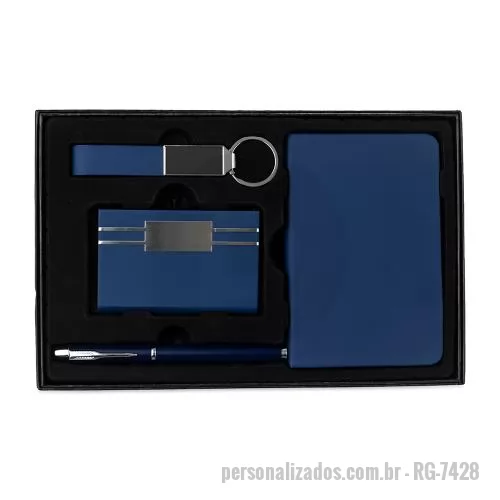 Kit executivo personalizado - Kit: caderneta capa PU ~76 folhas marfim, caneta metálica carga preta 0,7mm, porta-cartões inox com PU, chaveiro PU texturizado.