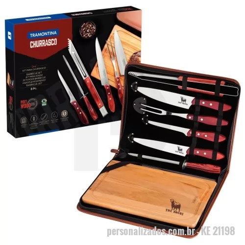 Kit faca personalizado - Kit churrasco Tramontina 07 peças linha Polywood em magnífico estojo sintético. Gravação da logomarca a laser na lâmina das facas e na tábua de churrasco. Destaque sua marca num presente para toda a vida. Frete grátis para Sul, Sudeste e Centro Oeste. 