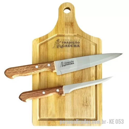Kit faca personalizado - Kit facas corte e desossa Tramontina + tábua de bambu. Gravação da logo a laser na faca corte e na tábua. Acompanha embalagem para presente.