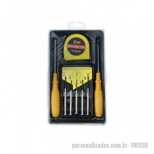 Kit ferramenta personalizado - Kit ferramenta 8 peças em estojo plástico com trava de segurança. Contém chave Phillips, trena de 2 metros com trava, conjunto de 5 chaves de precisão e chave de fenda.