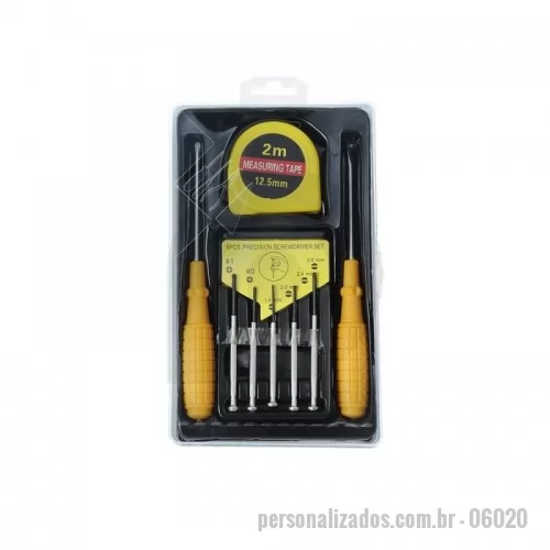 Kit ferramenta personalizado - Kit ferramenta 8 peças em estojo plástico com trava de segurança. Contém chave Phillips, trena de 2 metros com trava, conjunto de 5 chaves de precisão e chave de fenda.
