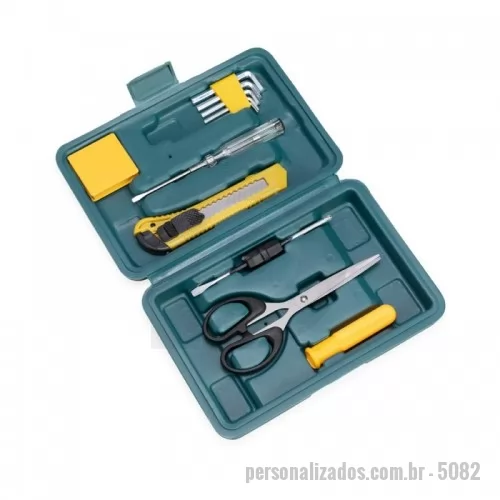 Kit ferramenta personalizado - Kit ferramenta 11 peças em estojo de polietileno com trava de segurança. Acompanha: conjunto de 5 chaves Allen, chave teste, trena de 1 metro, estilete, chave dupla (Phillips e Fenda), tesoura e cabo plástico para encaixe da chave dupla.