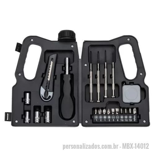 Kit ferramenta personalizado - Kit Ferramentas 21 peças com estojo em formato de galão de óleo. Material Plástico resistente com detalhes em relevo, possui duas travas de abertura e acompanha: estilete, chave, canhão, 4 entensores bocais (7MM, 8MM, 9MM e 10MM), 2 Mini Chaves de fenda, 2 Mini Chaves Phillips e Conjunto de 10 pontas.