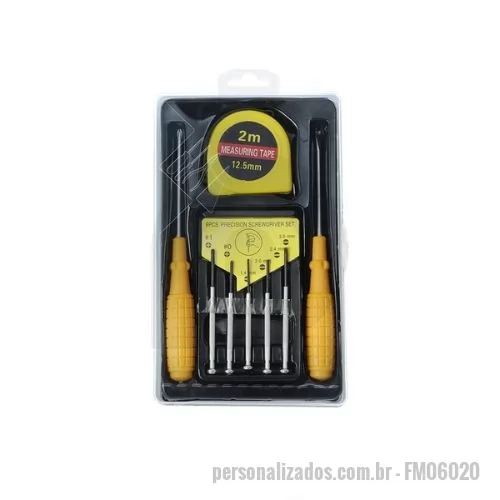 Kit ferramenta personalizado - Descrição: Kit ferramenta 8 peças em estojo plástico com trava de segurança. Contém chave Phillips, trena de 2 metros com trava, conjunto de 5 chaves de precisão e chave de fenda.  Largura :  12,5 cm  Comprimento :  20,3 cm  Espessura :  3 cm  Medidas aproximadas para gravação (CxL):  11 cm x 12 cm  Peso aproximado (g):  228