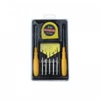 Kit ferramenta 8 peças em estojo plástico com trava de segurança. Contém chave Phillips, trena de 2 metros com trava, conjunto de 5 chaves de precisão e chave de fenda.