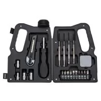 Kit Ferramentas 21 peças com estojo em formato de galão de óleo. Material Plástico resistente com detalhes em relevo, possui duas travas de abertura e acompanha: estilete, chave, canhão, 4 entensores bocais (7MM, 8MM, 9MM e 10MM), 2 Mini Chaves de fenda, 2 Mini Chaves Phillips e Conjunto de 10 pontas.