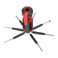 Kit ferramenta retrátil com 7 chaves e lanterna de 6 Leds. Material plástico, possui 3 chaves Philips; 3 chaves de fenda; chave de ponta dupla sendo um mini Philips e uma mini Fenda em cada extremidade, basta desrosquear as tampas para visualizá-las. Clip vermelho com setas explicativas para abertura do compartimento de pilhas, pressione a localização da seta superior e empurre ao mesmo tempo a parte inferior para remoção, necessita de 3 pilhas AAA(não acompanha). Gravação da logomarca em 1 cor já inclusa.