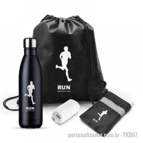 Kit fitness personalizado - Kit corrida, contém garrafa de metal, toalha e sacochila