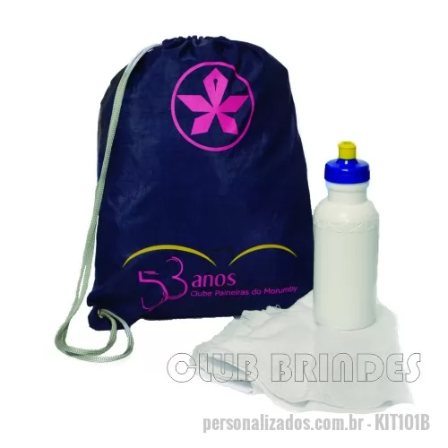 Kit fitness personalizado - Kit composto por mochila saco em nylon, squeeze plástico 500 ml e toalha fitness. Disponível em várias cores. Gravação da logomarca em 1 cor já inclusa.  Tamanho: Mochila Saco - Aprox. 41 cm X 32 cm.