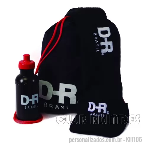 Kit fitness personalizado -  Kit Fitness composto por Mochila Saco em Nylon Amassado, Squeeze Plástico 500 ml, Toalha Fitness e Viseira. Disponível em várias cores. Gravação da logomarca em 1 cor já inclusa.  Tamanho: Mochila Saco - Aprox. 41 X 32 cm.