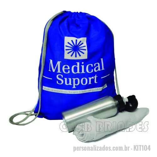 Kit fitness personalizado -  Kit Fitness composto por Mochila Saco em Nylon Amassado, Squeeze de Metal 500 ml e Toalha Fitness. Disponível em várias cores. Gravação da logomarca em 1 cor já inclusa.  Tamanho: Mochila Saco - Aprox. 41 X 32 cm.