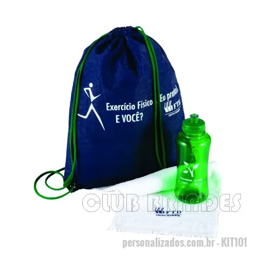 Kit fitness personalizado - Kit composto por mochila saco em nylon, squeeze pet 550 ml e toalha fitness. Disponível em várias cores. Gravação da logomarca em 1 cor já inclusa.  Tamanho: Mochila Saco aprox. 41 cm X 32 cm.