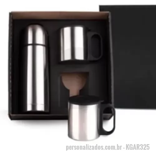 Kit Garrafa com Caneca personalizado - Kit Garrafa com Caneca Personalizado - KGAR325 - Kit garrafa térmica de 500ml e 2 canecas de alumínio Gravação a laser nas peças e silk na tampa - 182356 - Kit Garrafa com Caneca