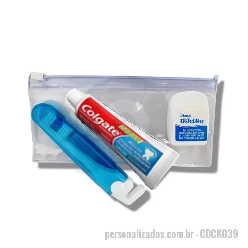 Kit higiene oral personalizado - Kit higiene bucal incluso: 1 creme dental Colgate 50 gr 1 escova viagem trip 1 fio dental 25 mt (sabor menta) 1 estojo PVC Kiel (16 x 8 cm)