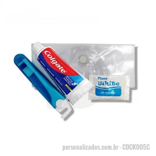 Kit higiene oral personalizado - Kit Higiene Bucal incluso: Creme dental Colgate 30gr | Escova dental 34 tufos branca | Fio dental Floss White 25m | Estojo Milão (21,5cm X 7,0cm) em PVC cristal.