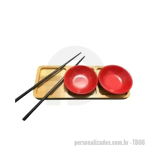Kit japonês personalizado - 1 Petisqueira de bambu retangular com 3 divisórias 2 Hashis 2 Pratos de melamina japonesa redondo 8,8cm 1 Caixa duplex
