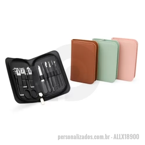 Kit manicure personalizado - Kit Manicure 10 peças em estojo de couro sintético, perfeito para embelezar e cuidar das unhas, podendo ser usado em casa ou em salões de beleza. Com três cortadores de unha, tesoura, lixa, pinça, empurrador de cutícula, removedor de cutícula, palito de unha e espátula para ouvido, este kit oferece tudo o que precisa para manter as unhas e cuidados sempre em dia.