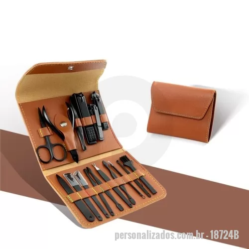 Kit manicure personalizado - Kit manicure 16 peças em estojo de couro sintético estilo envelope, contém: tesoura, alicate de cutícula, pinça, 3 cortadores de unha, lixa, espátula dupla para limpeza das unhas, empurrador de cutícula, 2 bisturis, raspador, removedor de cutícula, palito de unha, espátula para ouvido e pincel.